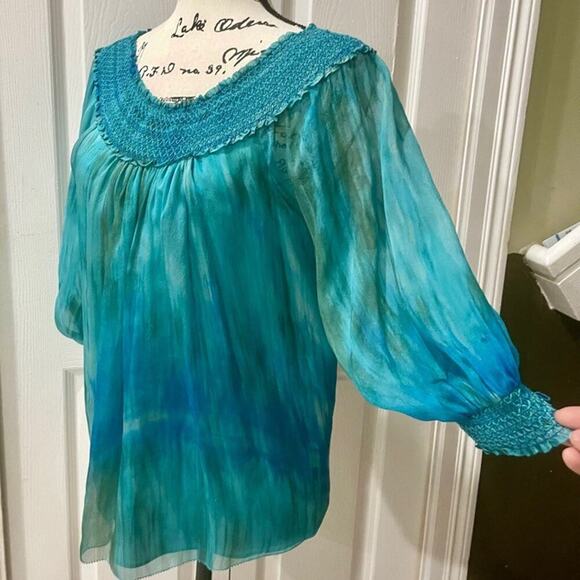 ALICE+OLIVIA BLOUSE OVERSIZED TEAL TIE DYE OFF SHOULDER BOHO CHIC HIPPIE Sz XS - Picture 3 of 13